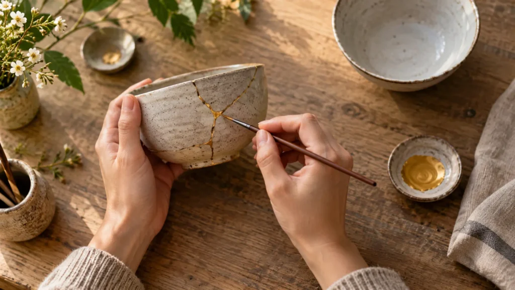 Çatlamış seramik kâseyi kintsugi yöntemiyle özenle onaran eller